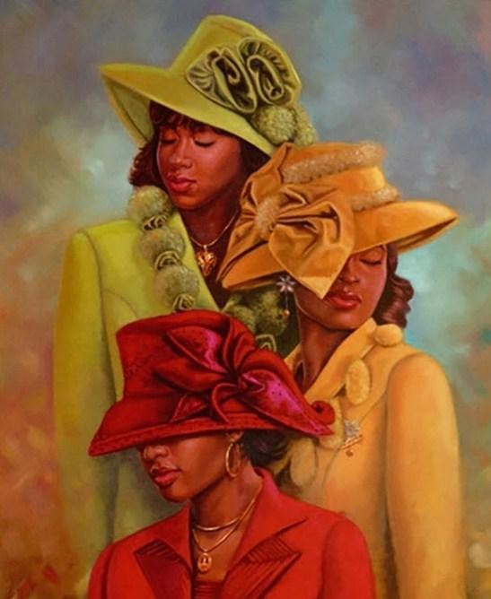 Painting of three women in elegant wide-brimmed hats